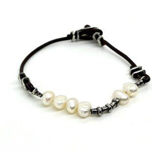 SILPADA LEATHER CORD GENUINE PEARLS 925 STERLING BUTTON BRACELET BOHO MINIMALIST